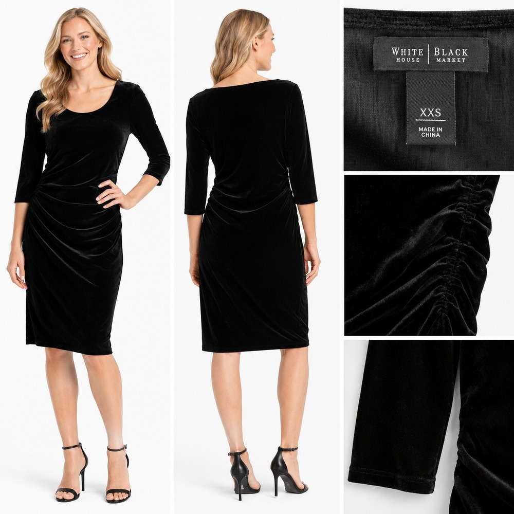 White House Black Market Dress XXS Velvet Ruched Luxury‎ Old Money 3/4 Sleeve